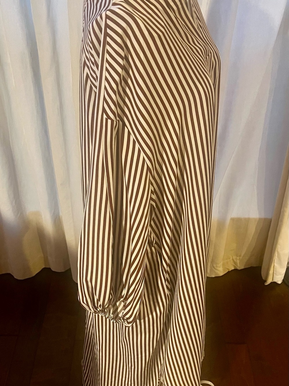 Vertical Stripe Long Sleeve Shirt Dress in Brown and White - Picture 4 of 8
